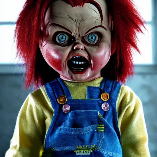 Prompt: Chucky the killer doll movie still 8k hdr scary lighting
