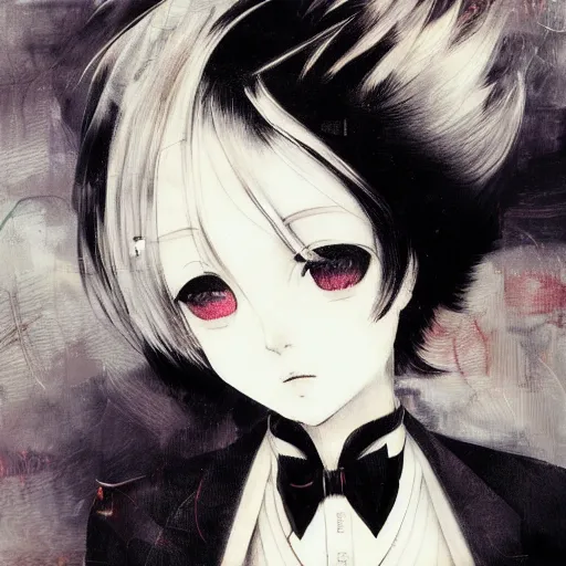 Image similar to Yoshitaka Amano realistic illustration of an anime girl with short white hair and black eyes wearing tuxedo, abstract black and white background, film grain effect, highly detailed, Renaissance oil painting