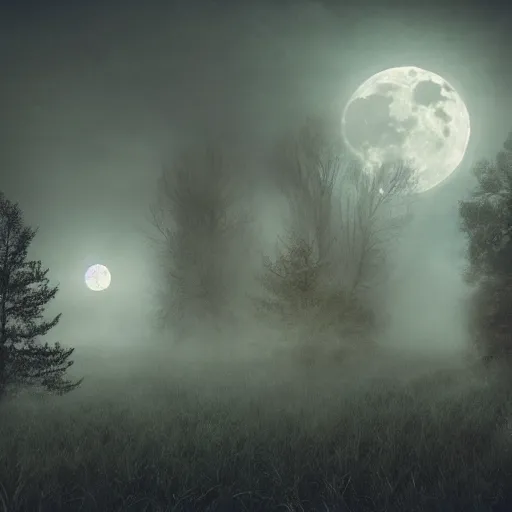 Image similar to a haunted circus deep in the middle of the forest, fog, realistic, moonlight