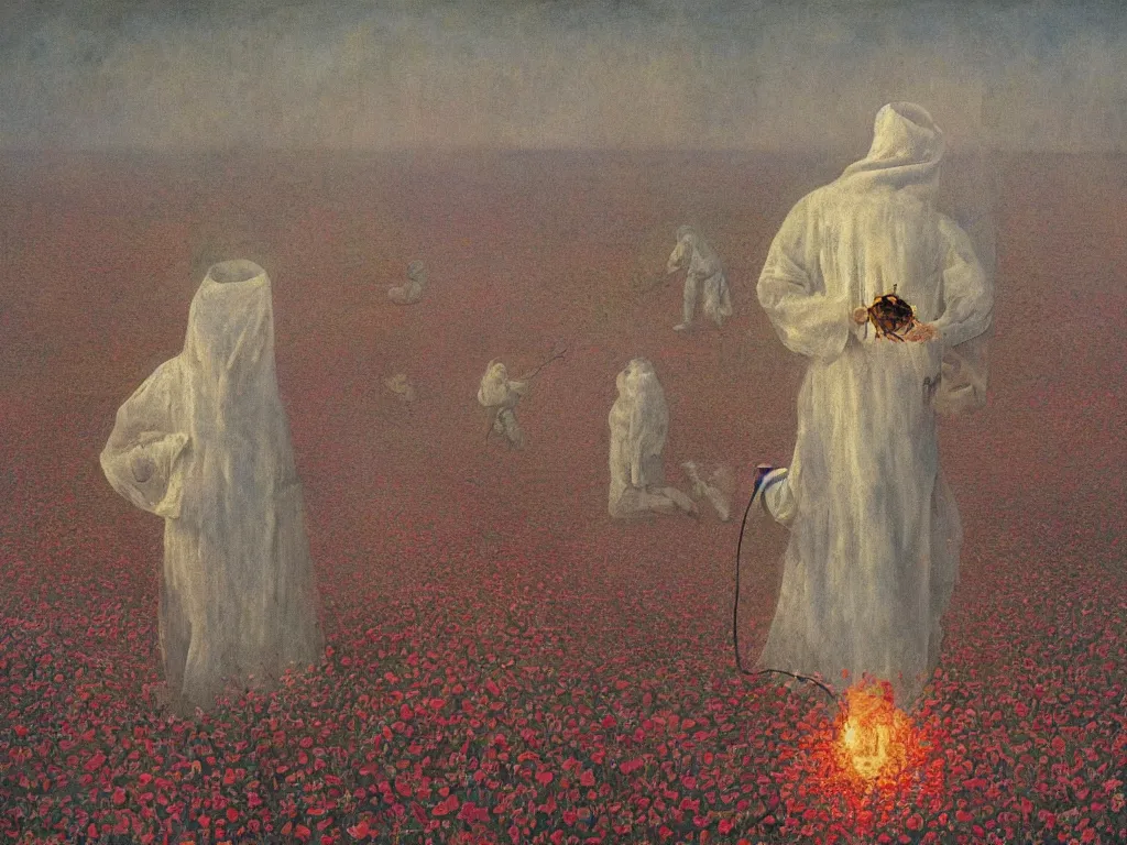 Image similar to man in white beekeeper suit with burning rose garden and small devil creatures. painting by mikalojus konstantinas ciurlionis, bosch, wayne barlowe, agnes pelton, rene magritte