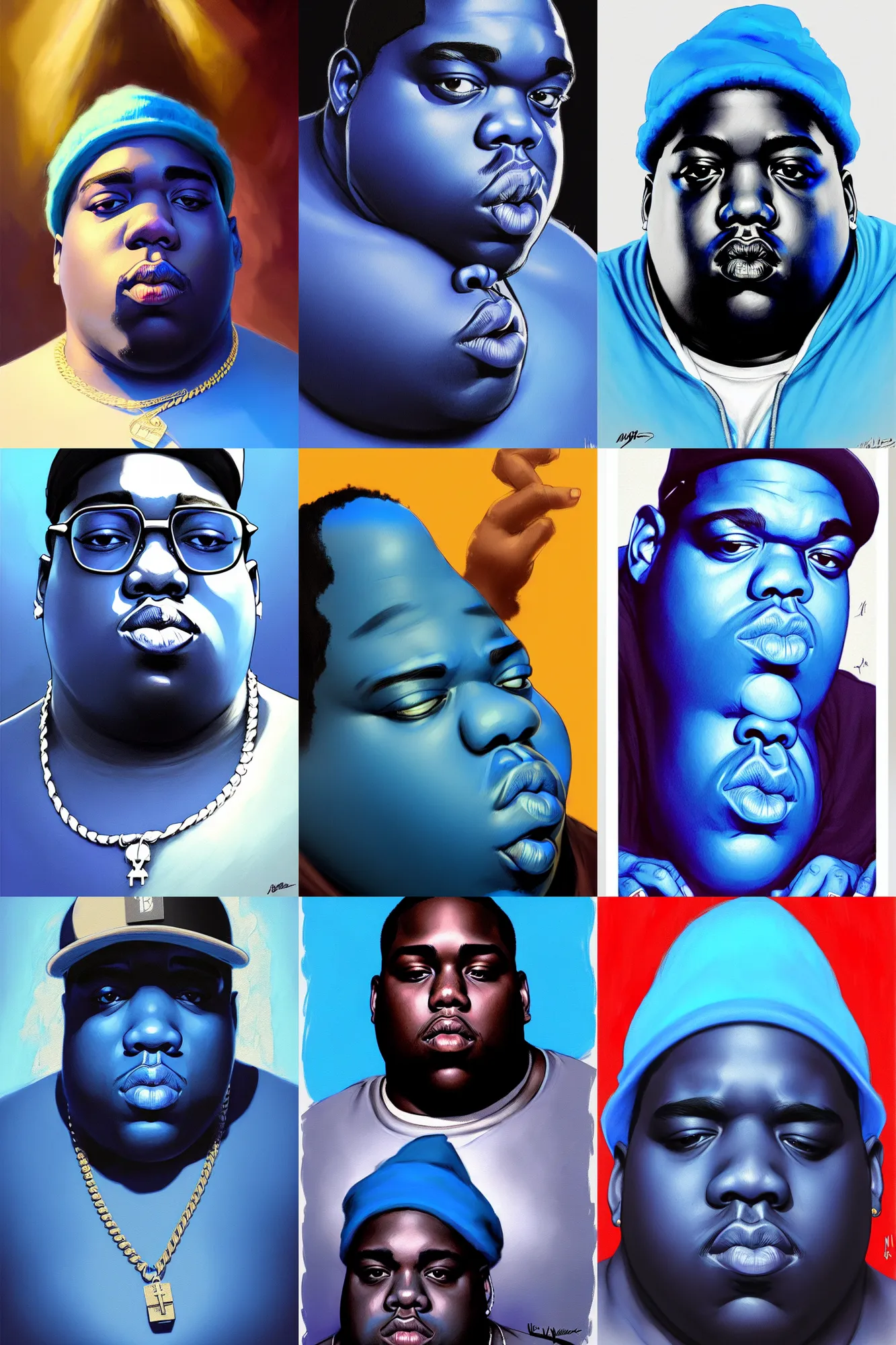 Prompt: the notorious b. i. g. as a blue stoned smurf, shaded lighting poster by magali villeneuve, artgerm, jeremy lipkin and michael garmash, rob rey and kentaro miura style, trending on art station