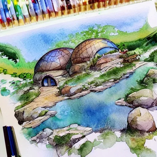 Image similar to beautiful happy picturesque charming sci - fi organic dome - like homes in a beautiful natural scene. water, trees and rocks. beautiful light. soft colour scheme. beautiful artistic detailed watercolor by lurid. ( 2 0 2 2 )