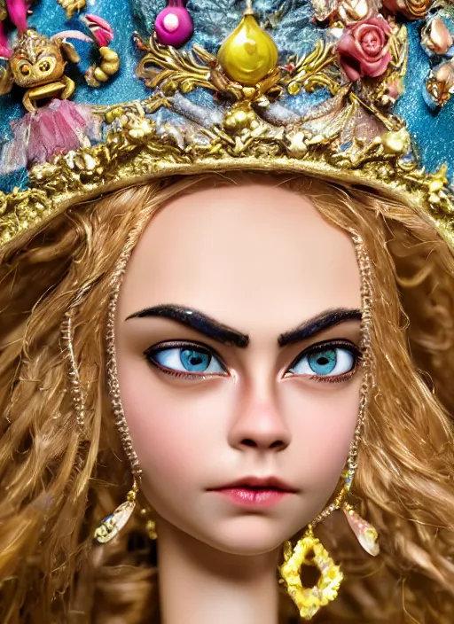 Image similar to closeup face profile portrait of a tin toy cara delevingne as a fairytale princess wearing a crown, bikini, depth of field, zeiss lens, detailed, symmetrical, centered, fashion photoshoot, by nicoletta ceccoli, mark ryden, lostfish, breathtaking, 8 k resolution, extremely detailed, beautiful, establishing shot, artistic, hyperrealistic, octane render