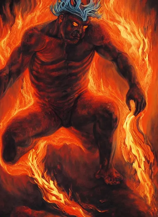 Prompt: the god of fire and brimstone. painting by caelan stokkermans and denys tsiperko