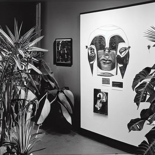 Image similar to A black and white photo in sérigraphie of an exhibition space with works of Sun Ra, Marcel Duchamp and tropical plants, 60s style, art magazine