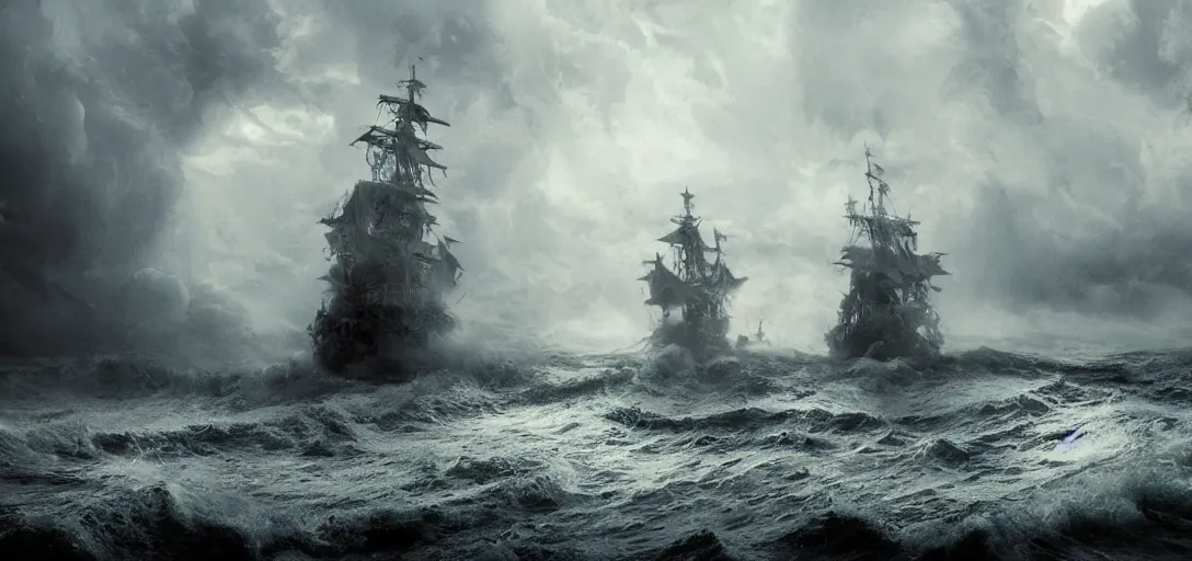 Image similar to wild ocean storm, old wooden pirate ship gets pulled down by giant kraken, appearing from fog, mist, dramatic lighting, cinematic, establishing shot, extremly high detail, foto realistic, pirates of the carribean, cinematic lighting, post processed, concept art, artstation, matte painting, style by eddie mendoza, raphael lacoste, alex ross