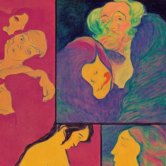 Image similar to close portrait of woman and man kissing. icy mountains far away. aurora borealis. iridescent, vivid psychedelic colors. painting by munch, agnes pelton, egon schiele, henri de toulouse - lautrec, utamaro, monet