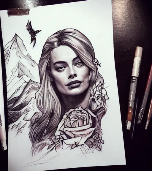 Image similar to tattoo design sketch of margot robbie and beautiful mountain scenery mash up, in the style of varo tattooer, surrealist, amazing detail, sharp