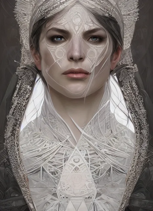 Image similar to symmetry!! white witch, machine parts embedded into face, intricate, elegant, highly detailed, digital painting, artstation, concept art, smooth, sharp focus, illustration, art by artgerm and greg rutkowski and alphonse mucha, 8 k