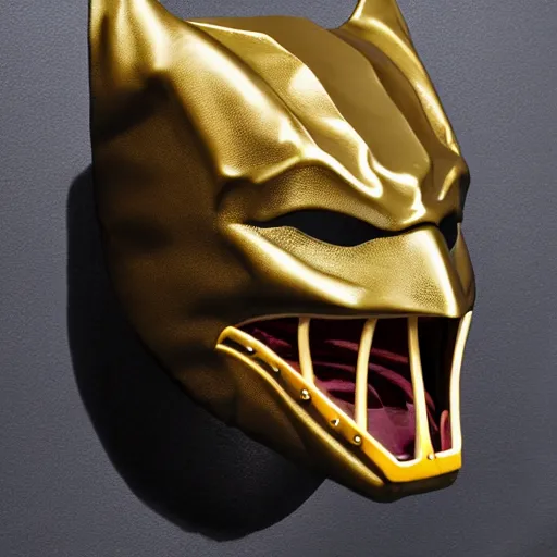 Image similar to luxury crocodile leather batman mask with golden seams, luxury item showcase, studio lighting