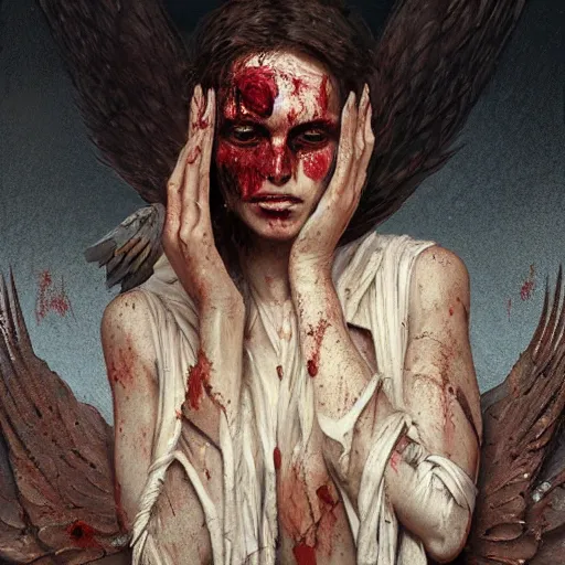 Prompt: portrait of a fallen angel, bloody wings, face covered in dirt and blood, crying, intricate, headshot, highly detailed, digital painting, artstation, concept art, sharp focus, cinematic lighting, illustration, art by artgerm and greg rutkowski, alphonse mucha, cgsociety