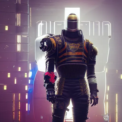 Prompt: Medieval knight in cyberpunk 2077, 3d render