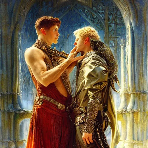 Image similar to stunning arthur pendragon in love with stunning male merlin the mage. they are close to each other. highly detailed painting by gaston bussiere, craig mullins, j. c. leyendecker