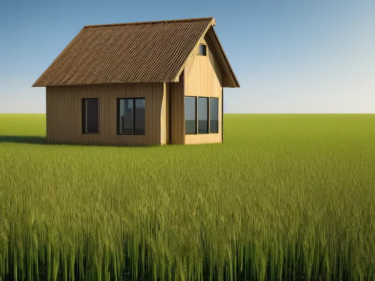 Image similar to hyperrealism concept art design of beautiful eco house in small ukrainian village, wheat field behind the house