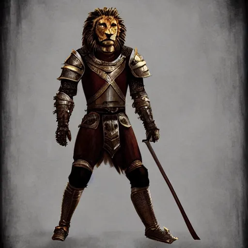 Image similar to Humanoid lion warrior standing on two legs in medieval armor, realistic, detailed, digital art, trending on artstation