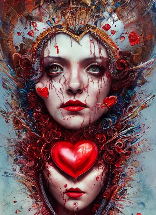 Prompt: queen of hearts, highly detailed, cinematic, 8 k, by megan duncanson, stanley artgermm, tom bagshaw, craig mullins, carne griffiths, ayami kojima, beksinski, giger, trending on deviantart, hyper detailed, horror, full of colour