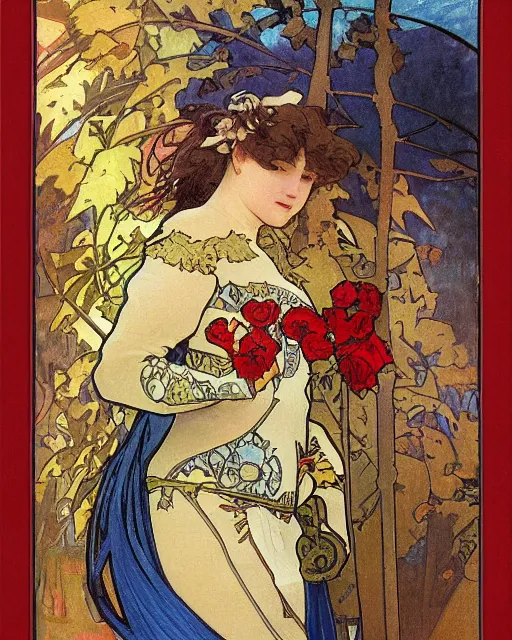 Prompt: A highly realistic painting of a knight with a rose pattern on his armor, red armour with blue pattern, deep moody colors, by Alphonse Mucha, autumn forest