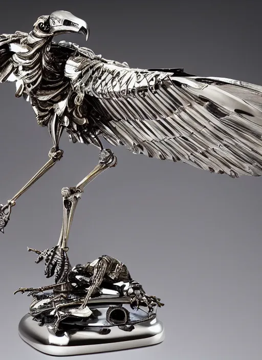 Image similar to a vulture skeleton sculpture made with polished stainless steel, shining and glossy by bernini