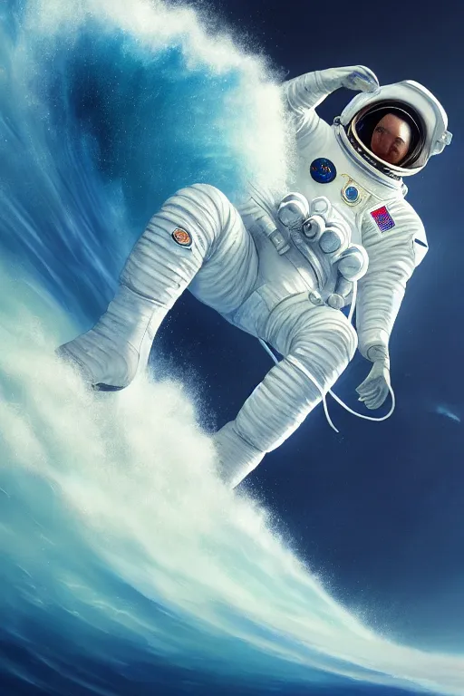 Image similar to a beautiful digital painting of an astronaut in a white space suit surfing the great wave on a surfboard by greg rutkowski, photorealistic, trending on artstation, octane render