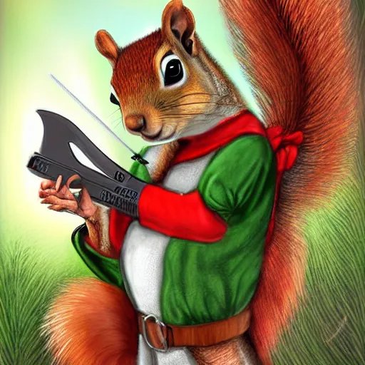 Prompt: A squirrel dressed as Peter Pan holding a crossbow. Digital art