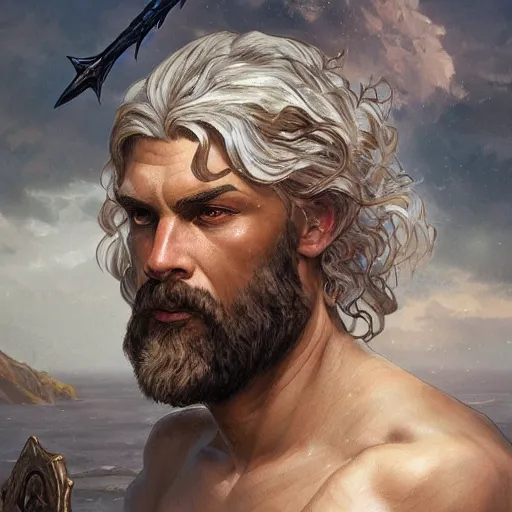 Prompt: ''face portrait of poseidon from greek mythology, sea background, greece, fantasy, dungeons and dragons, d & d, digital painting, artstation, concept art, sharp focus, illustration, art by greg rutkowski and alphonse mucha''