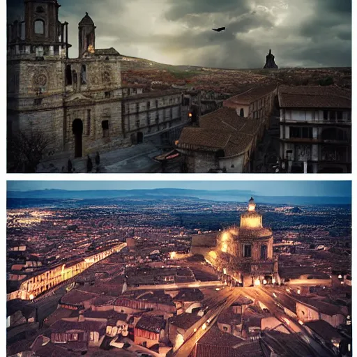 Image similar to the monumental city of caceres with siveth flying over it, dramatic lighting, cinematic, extremly high detail, photorealistic, cinematic lighting, post processed, concept art, artstation, matte painting, style by greg rutkowsky - 1 0 2 4