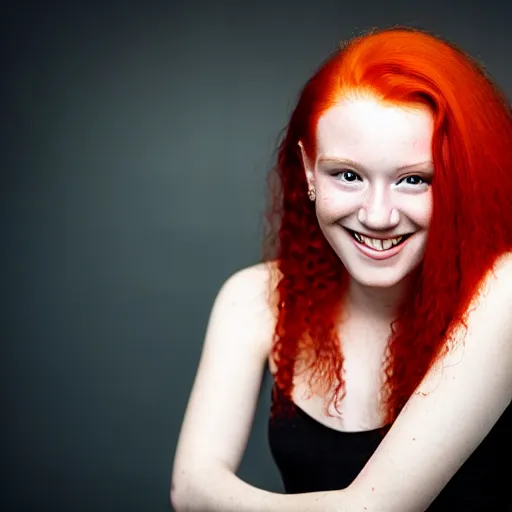 Image similar to artistic photo of a young beautiful woman with red hair looking at the camera, smiling slightly, studio lighting, award winning photo by Annie Liebowitz