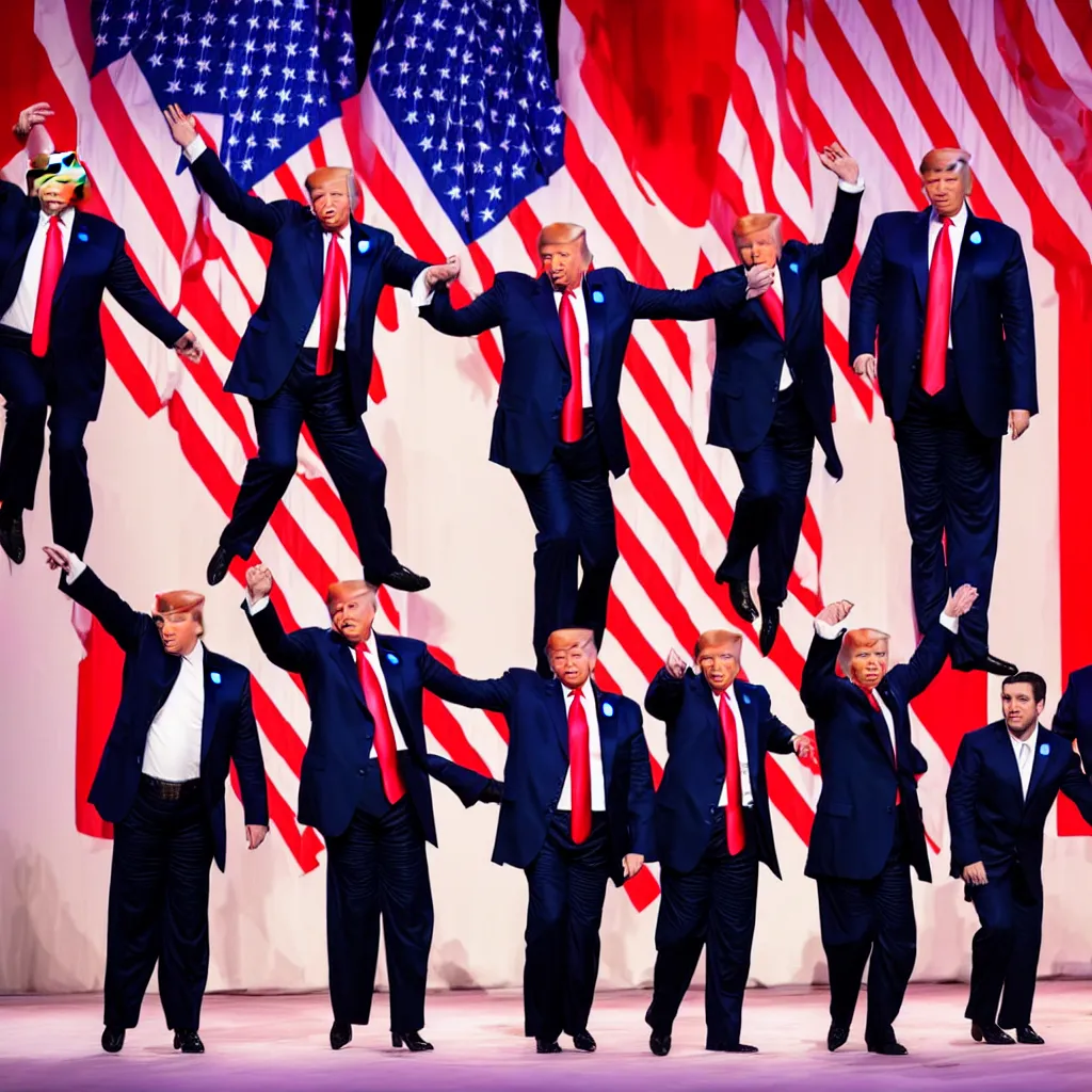 Prompt: “ photo of a vladimir putin, donald trump and ron desantis dancing a congo line on stage at cpac 2 0 2 2, award winning photo, golden hour, 2 0 mm lens ”