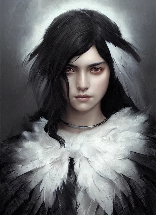 Image similar to a teenage girl with very short black hair and a huge cloak made of grey and black feathers. beautiful highly detailed face. beautiful painting by artgerm and greg rutkowski and raymond swanland