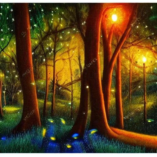 Image similar to landscape of beautiful magical indigo trees with fireflies, detailed luminescent magical realism painting 4 k