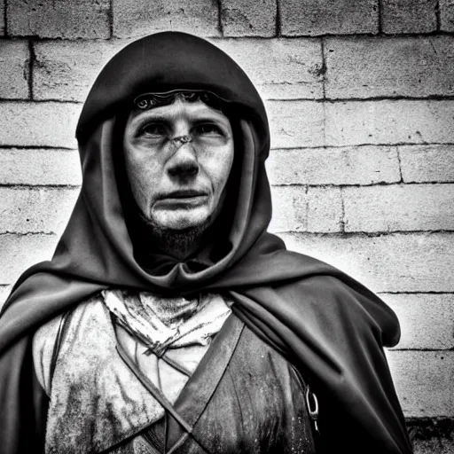 Image similar to medieval protester face photo black and white wide angle lense