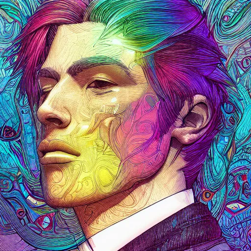 Prompt: the head of a sophisticated, elegant, handsome man partially made of rainbows, an ultrafine detailed illustration by james jean, final fantasy, intricate linework, bright colors, behance contest winner, vanitas, angular, altermodern, unreal engine 5 highly rendered, global illumination, radiant light, detailed and intricate environment