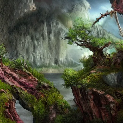 Image similar to epic concept art of a lush natural scene on an alien planet. very detailed. beautiful landscape. weird vegetation. cliffs and water. featured on deviantart.