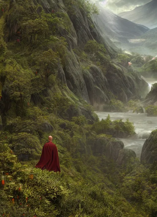 Prompt: a hooded monk in lord of the rings scenery landscape, huge buddhist temple on a mountain in the distance, river, lush valley, cosmic, god's rays, highly detailed, vivid color, cinematic lighting, perfect composition, 8 k, gustave dore, derek zabrocki, greg rutkowski, belsinski, octane render