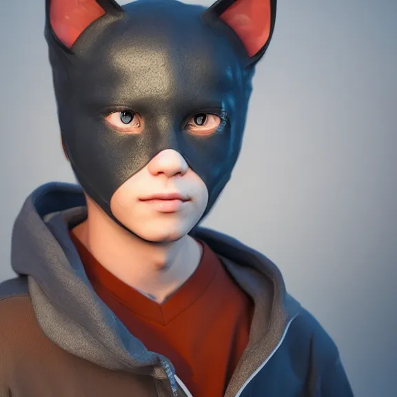 Image similar to 3D render of a boy with cat ears wearing a hoodie, fantasy artwork, award winning, hyper detailed, very very very very very very very very very very very beautiful, studio lighting, artstation, unreal engine, unreal 5, 4k, octane renderer