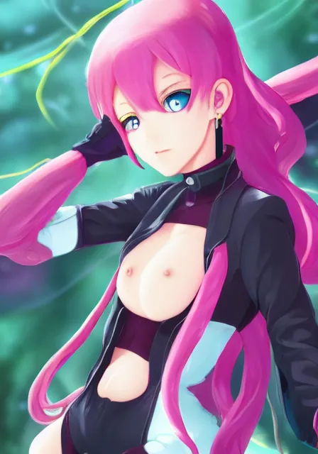 Image similar to portrait of a beautiful slime woman by aramaki shinji, tsurumaki kazuya, smug, 8 k, hd, saturated, flcl, hyperreality, fate grand order, symmetry