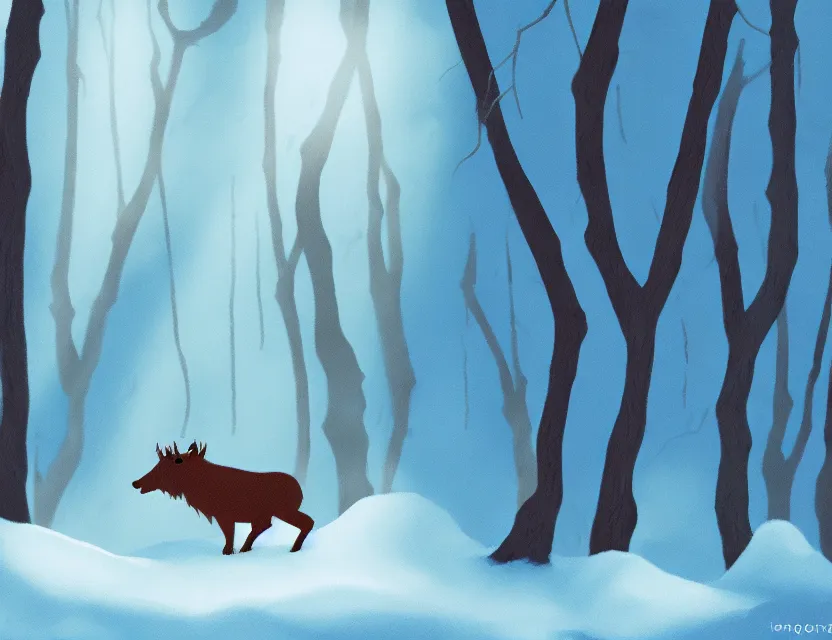 Prompt: magical animal spirit in the winter woods. limited palette, western 2 d animation from the 2 0 1 0 s, backlighting, bold composition, depth of field.