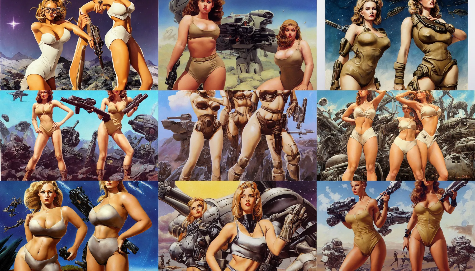 Prompt: A mixed media portrait painting of a very beautiful light-brown-haired woman on an alien planet, very curvy, aesthetic! high-waisted white-bikini-armor and boots, starship-troopers-rifle, bombshell, aesthetic symmetrical face and eyes, model, wet, pacific-rim-mech in background, by Frank Frazetta, Boris Vallejo, Beeple, Greg Rutkowski, Christian MacNevin, eighties pinup style, goddess, epic fantasy character art, high fantasy, CGsociety, exquisite detail, post-processing, masterpiece, cinematic