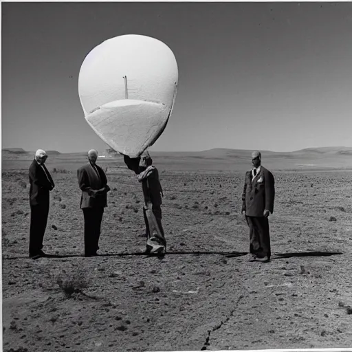 Image similar to president eisenhower aboarding a ufo in the desert as high ranked government officials are watching, black and white old photo