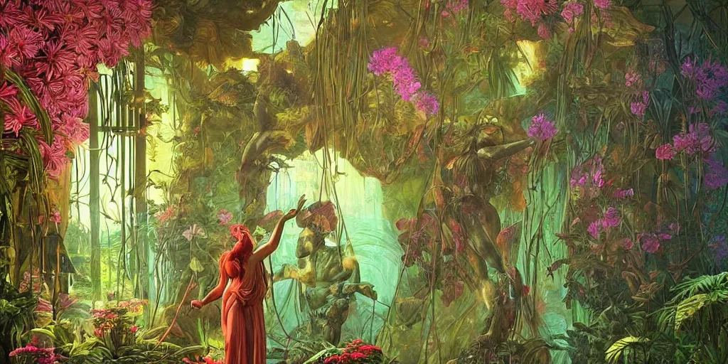 Prompt: Beautiful Ancient Greece Sculpture in jungle with big wild flowers windows, figures, soft neon lights, bright colors, cinematic, cyberpunk, smooth, chrome, lofi, nebula, calming, dramatic, fantasy, by Moebius, by zdzisław beksiński, fantasy LUT, studio ghibli, high contrast, epic composition, sci-fi, dreamlike, surreal, angelic, 8k, unreal engine, hyper realistic, fantasy concept art, XF IQ4, 150MP, 50mm, F1.4, ISO 200, 1/160s, natural light, Adobe Lightroom, photolab, Affinity Photo, PhotoDirector 365