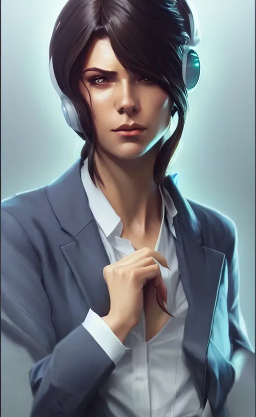 Image similar to Female in office suit, sci-fi, highly detailed, digital painting, artstation, concept art, smooth, sharp focus, illustration, art by artgerm and greg rutkowski and alphonse mucha