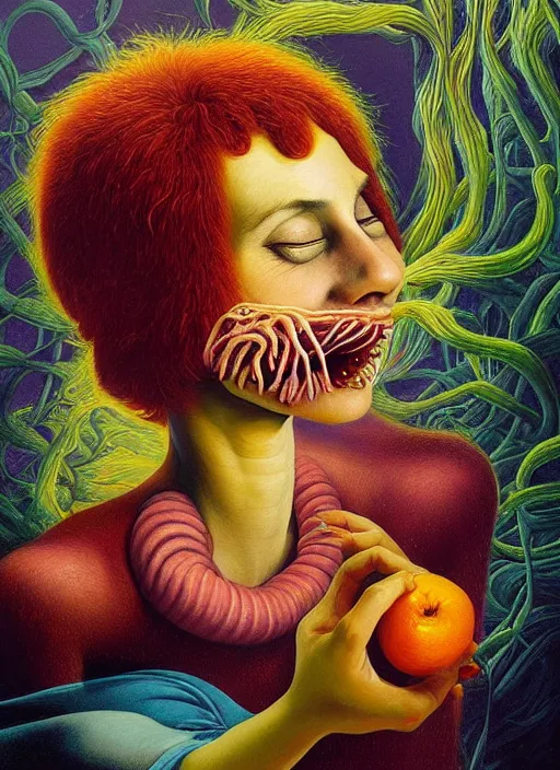 Image similar to hyper detailed Oil painting - Ramona Flowers Eats of the Strangling Fruit and Her gossamer polyp blossoms bring iridescent fungal flowers whose spores black the foolish stars by Jacek Yerka, Mariusz Lewandowski, Abstract brush strokes, Masterpiece, Edward Hopper and James Gilleard, Zdzislaw Beksinski, Mark Ryden, Wolfgang Lettl, hints of Yayoi Kasuma