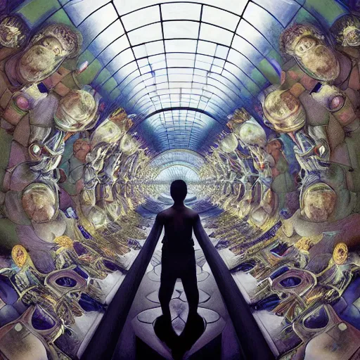 Image similar to a breathtaking 8 k resolution matte painting of a black boy lost inside a vast and endless four dimensional hall of mirrors, in a symboloic and meaningful style, by m. c. escher and alex grey and android jones