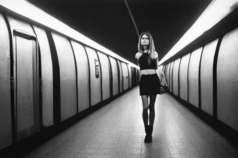 Prompt: girl in crop top in a subway, richard avedon, tri - x pan, ominous lighting