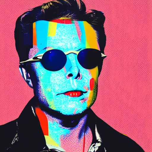 Prompt: the portrait of depressed, miserable, sorrow elon musk worrying he forgot to unplug the iron. wearing retro squared sun glasses. colorful pop art, modern art, by andy warhol