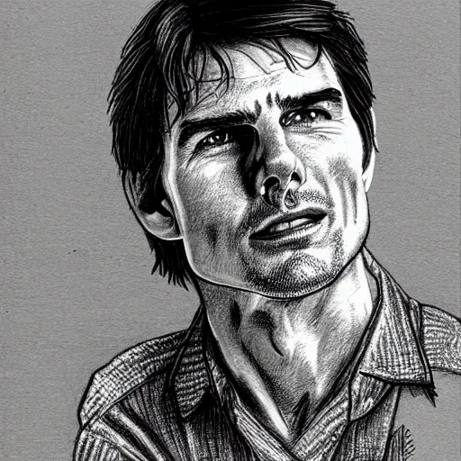 Image similar to a portrait drawing of Tom Cruise drawn by Robert Crumb