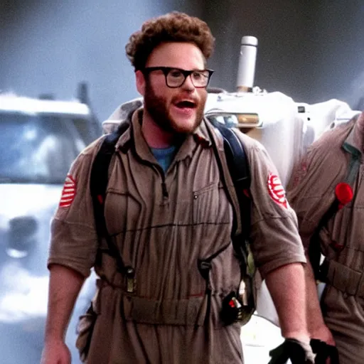 Image similar to Seth Rogen as a Ghostbuster in the movie Ghostbusters