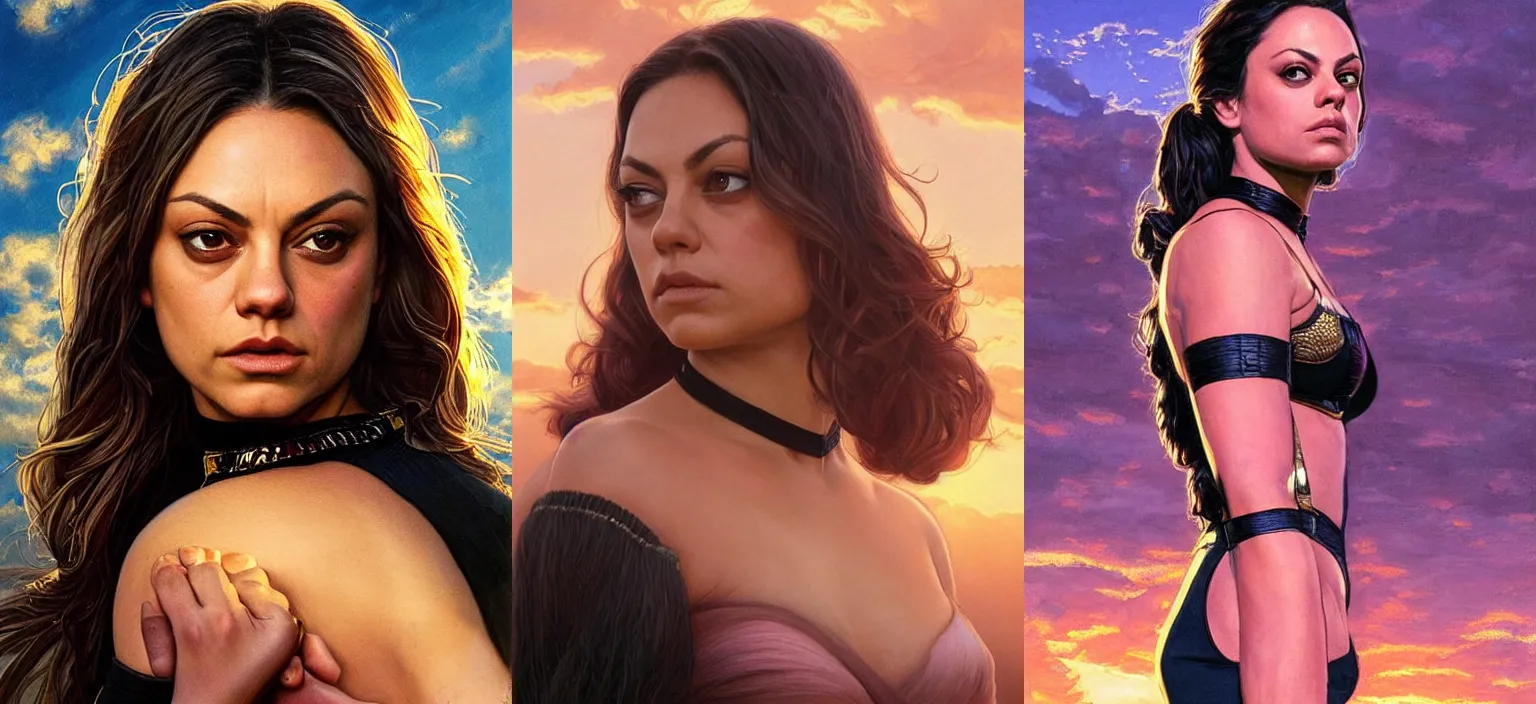 Prompt: Mila Kunis wearing black choker, epic portrait of a very strong muscled Amazon heroine, sun beams across sky, pink golden hour, intricate, elegance, highly detailed, shallow depth of field, epic vista, concept art, art by Artgerm and Donato Giancola, Joseph Christian Leyendecker