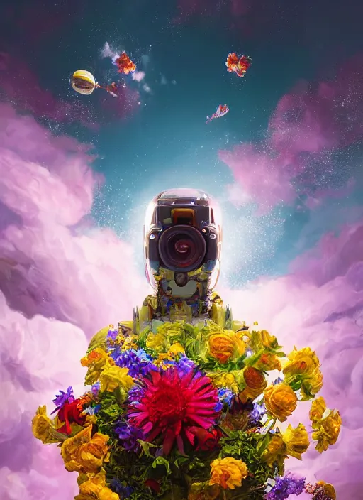 Prompt: An epic fantastic realism comic book style painting of the most beautiful flowers launched into space, bouquets, orbital,fisheye lens, unreal 5, DAZ, hyperrealistic, octane render, dynamic lighting