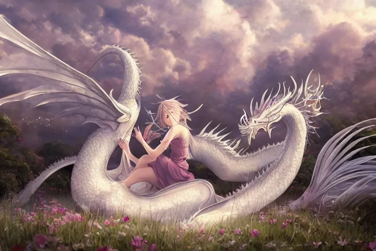 Image similar to the beautiful hyper detailed big scene portrait render that a beautiful girl sitting on the back of a huge silver white dragon alone in fairyland surrounded by white clouds, finely detailed angelic face delicate features, style of studio ghibli, makoto shinkai, artgerm, karol bak, kazuki tanahashi, james jean, ross tran, xision, ultra wide angle